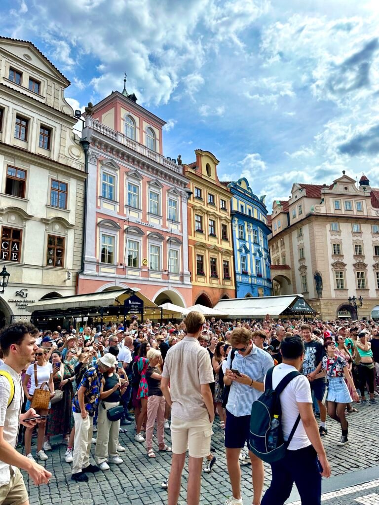 A crowd of people in the old town Europe