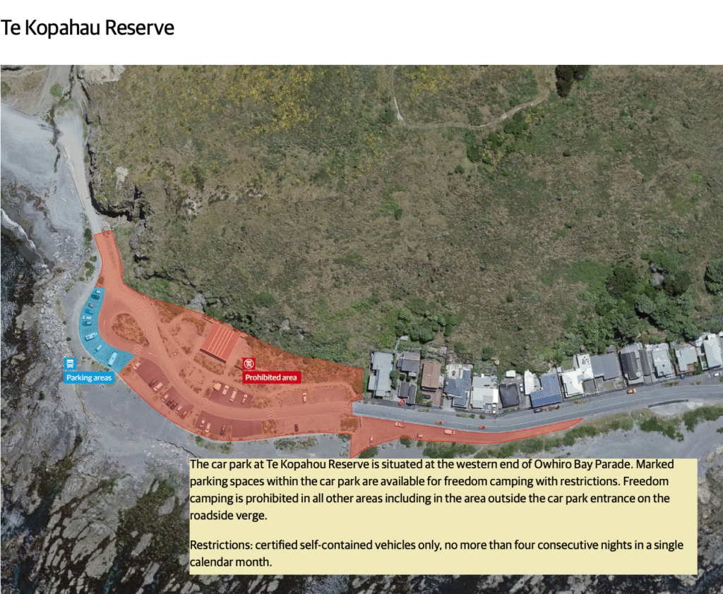 Map showing designated freedom camping parking and prohibited areas at Te Kopahau Reserve, Wellington