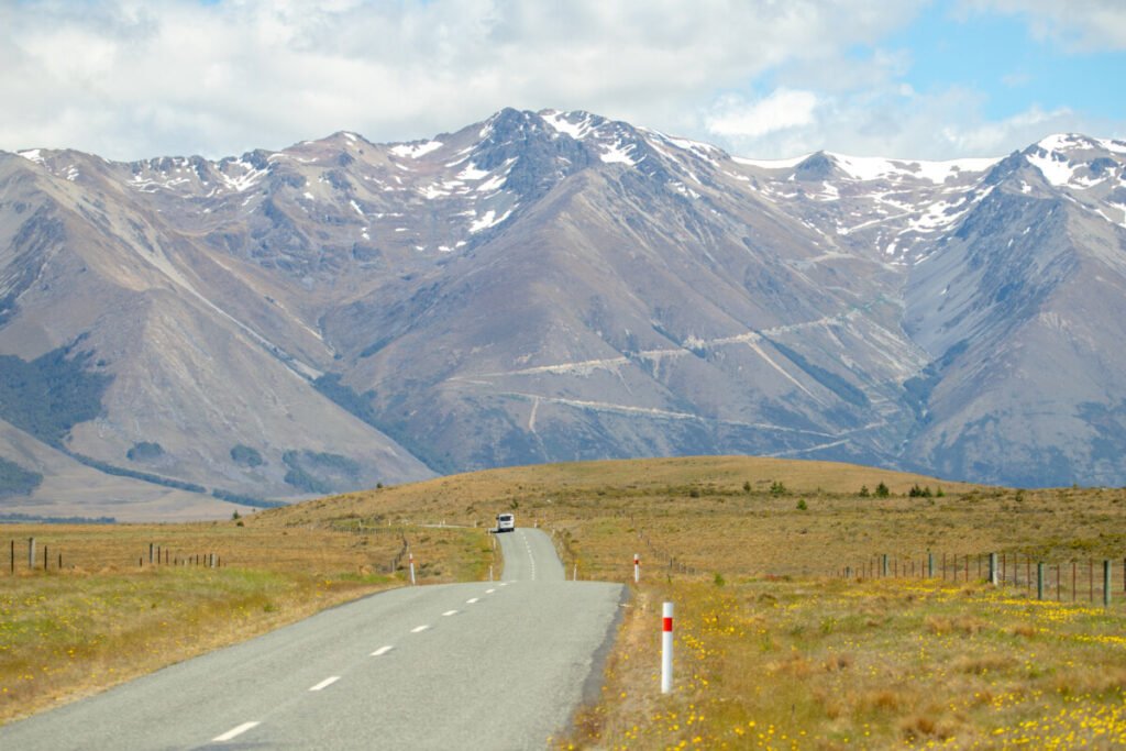 South Island New Zealand road trip showing scenic mountains and open landscape
