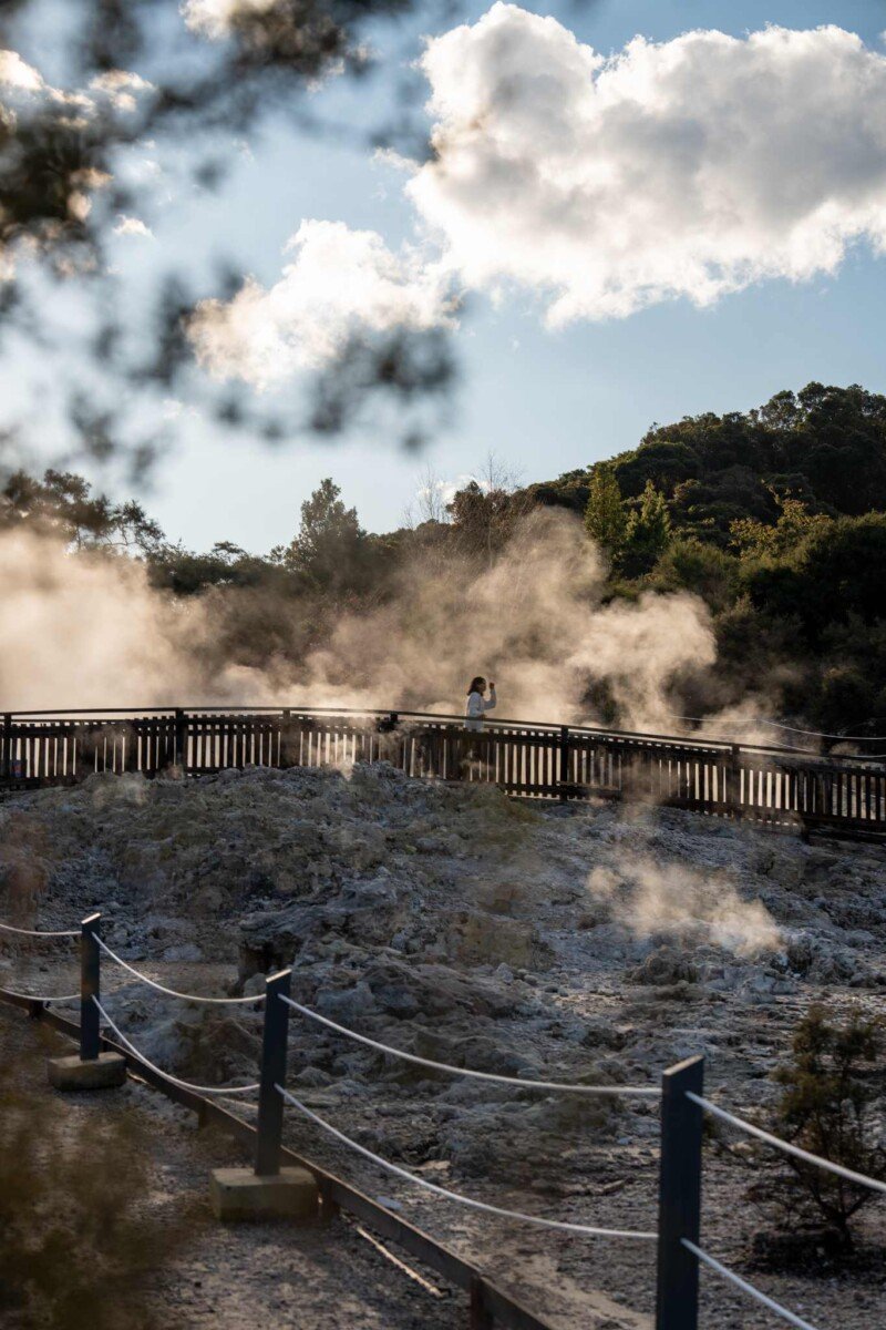 Steam rising from white silica mud terrain at Hell's Gate geothermal park in Rotorua New Zealand with a visitor on the viewing walkway