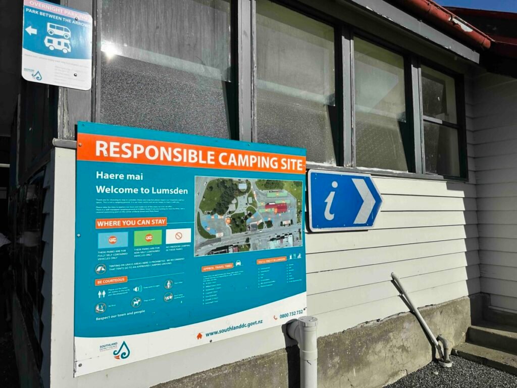 Responsible Camping Site information board at Lumsden showing rules, site map, and where campervans can stay overnight