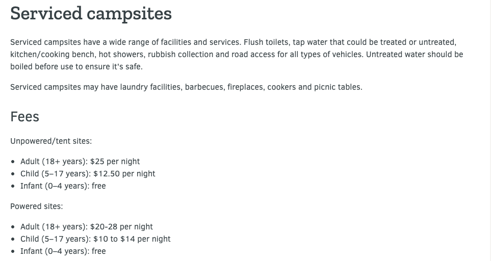 Screenshot of DOC serviced campsite category description showing full facilities and pricing from the DOC website