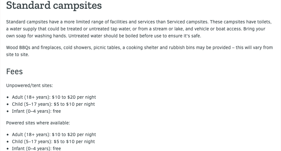 Screenshot of DOC standard campsite category description showing facilities and pricing from the DOC website
