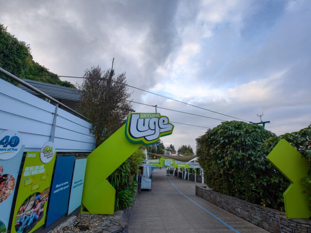 Rotorua Skyline gondola and luge complex overlooking Lake Rotorua on a clear day
